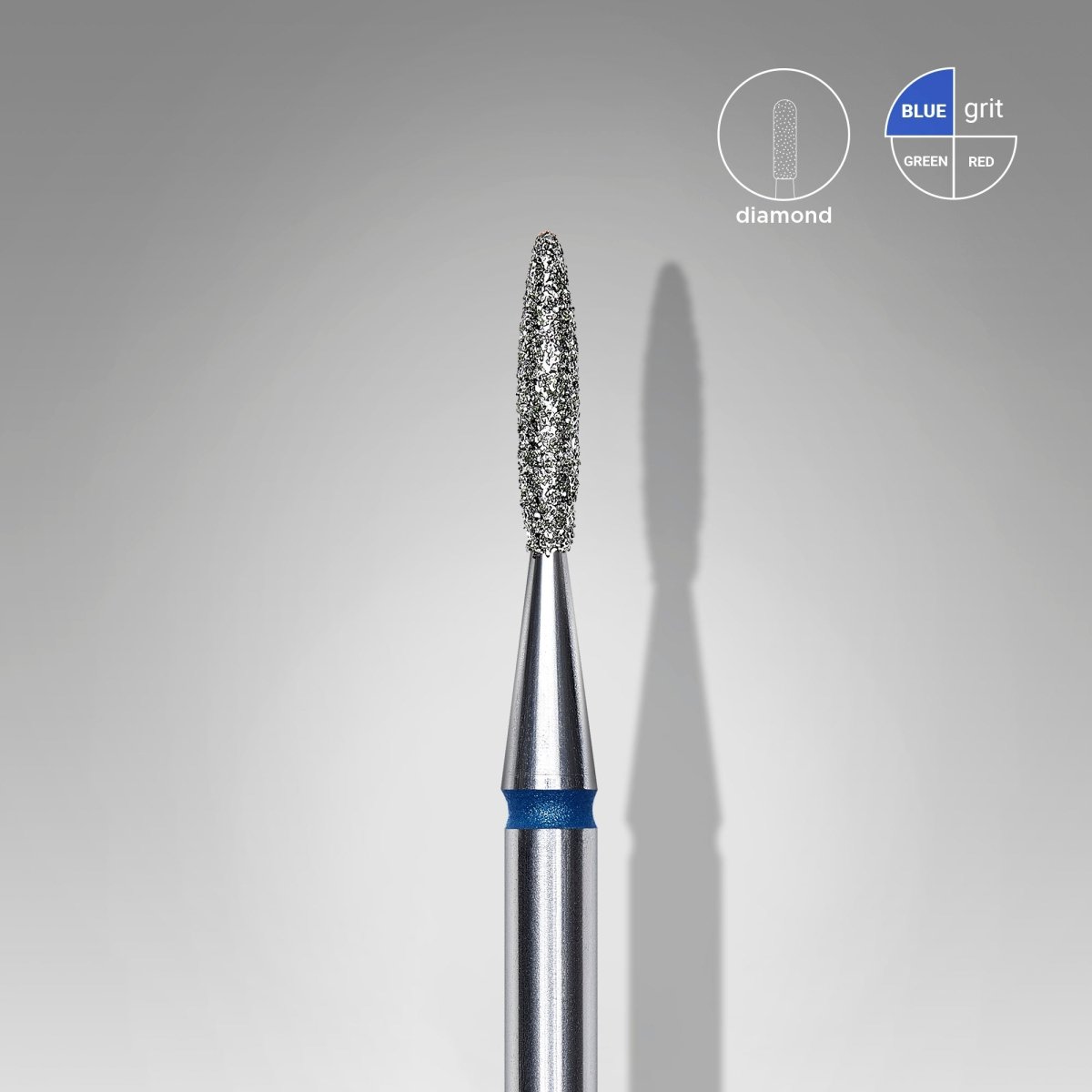 Diamond nail drill bit, pointed “flame”, blue, head diameter 1.6 mm/ working part 8 mm - www.texasnailstore.com