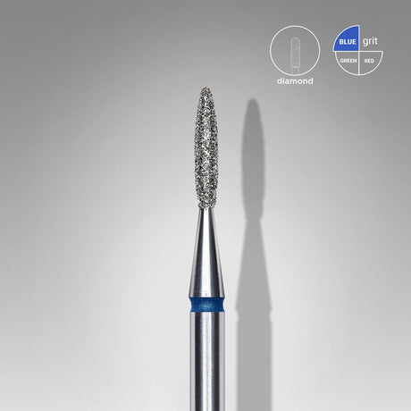 Diamond nail drill bit, pointed “flame”, blue, head diameter 1.6 mm/ working part 8 mm - www.texasnailstore.com